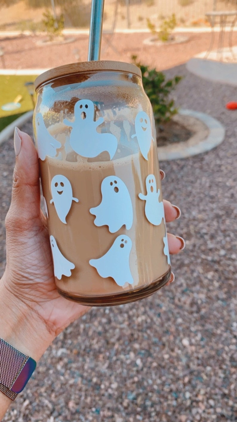 Cute Ghost Beer Can Glass Cup,Spooky Season Iced Coffee Glass,Halloween Beer Can Glass,Aesthetic Soda Can Glass Cup,Glass Cup for Coffee image 4