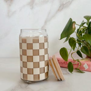 Retro Checkered Iced Coffee Glass Cup,Aesthetic Checkered Glass,Groovy Checked Glass Can, Soda Can Glass Cup,Coffee Glass Cup,Beer Can Glass