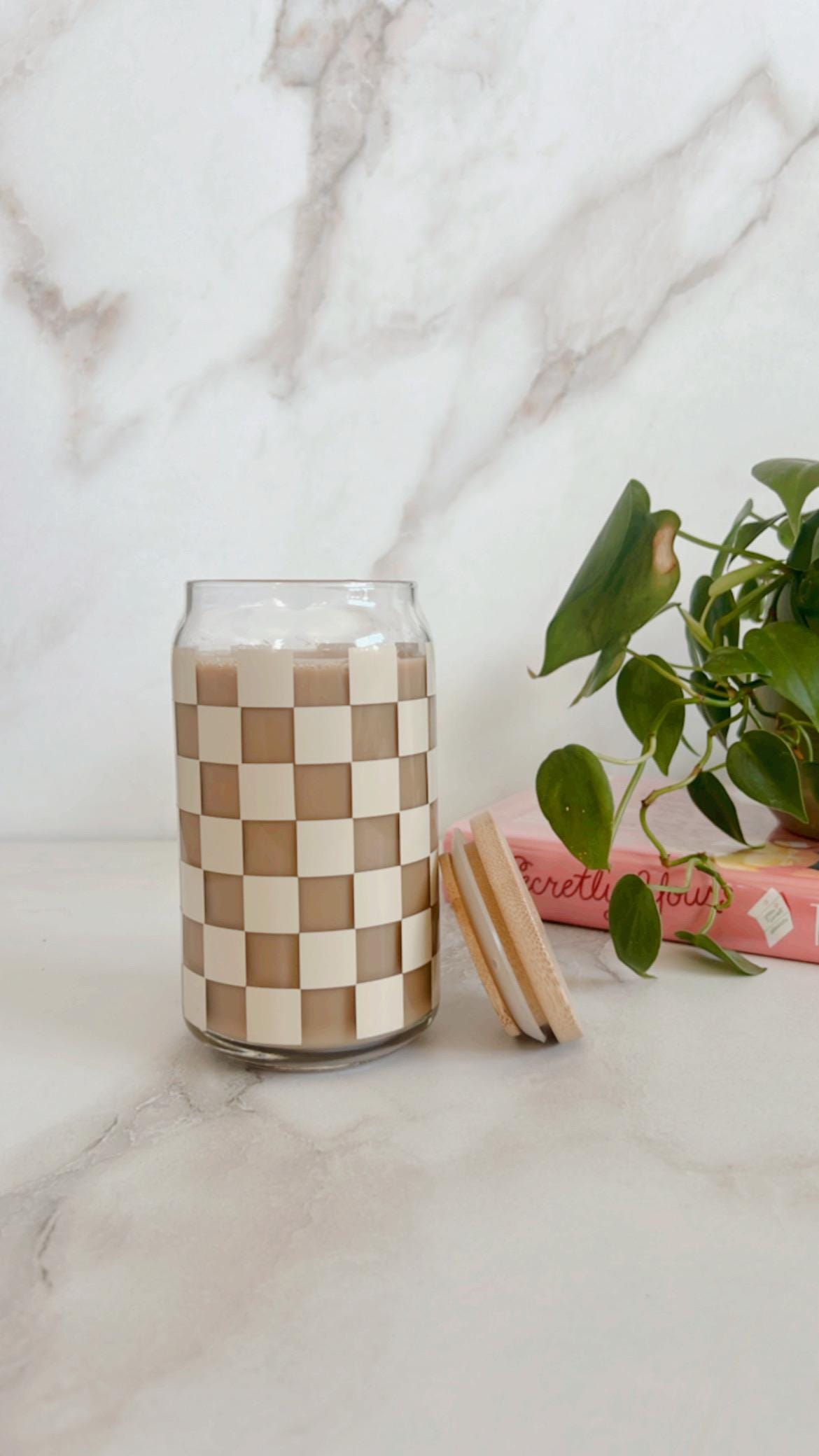 Retro Checkered Iced Coffee Glass Cup,Aesthetic Checkered Glass,Groovy Checked Glass Can, Soda Can Glass Cup,Coffee Glass Cup,Beer Can Glass