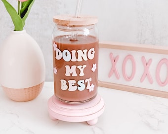 Doing My Best Glass Cup with Lid and Straw,Iced Coffee Glass,Trendy Glass Can ,Beer Can Glass,Motivational Glass Cup,Aesthetic Coffee Glass
