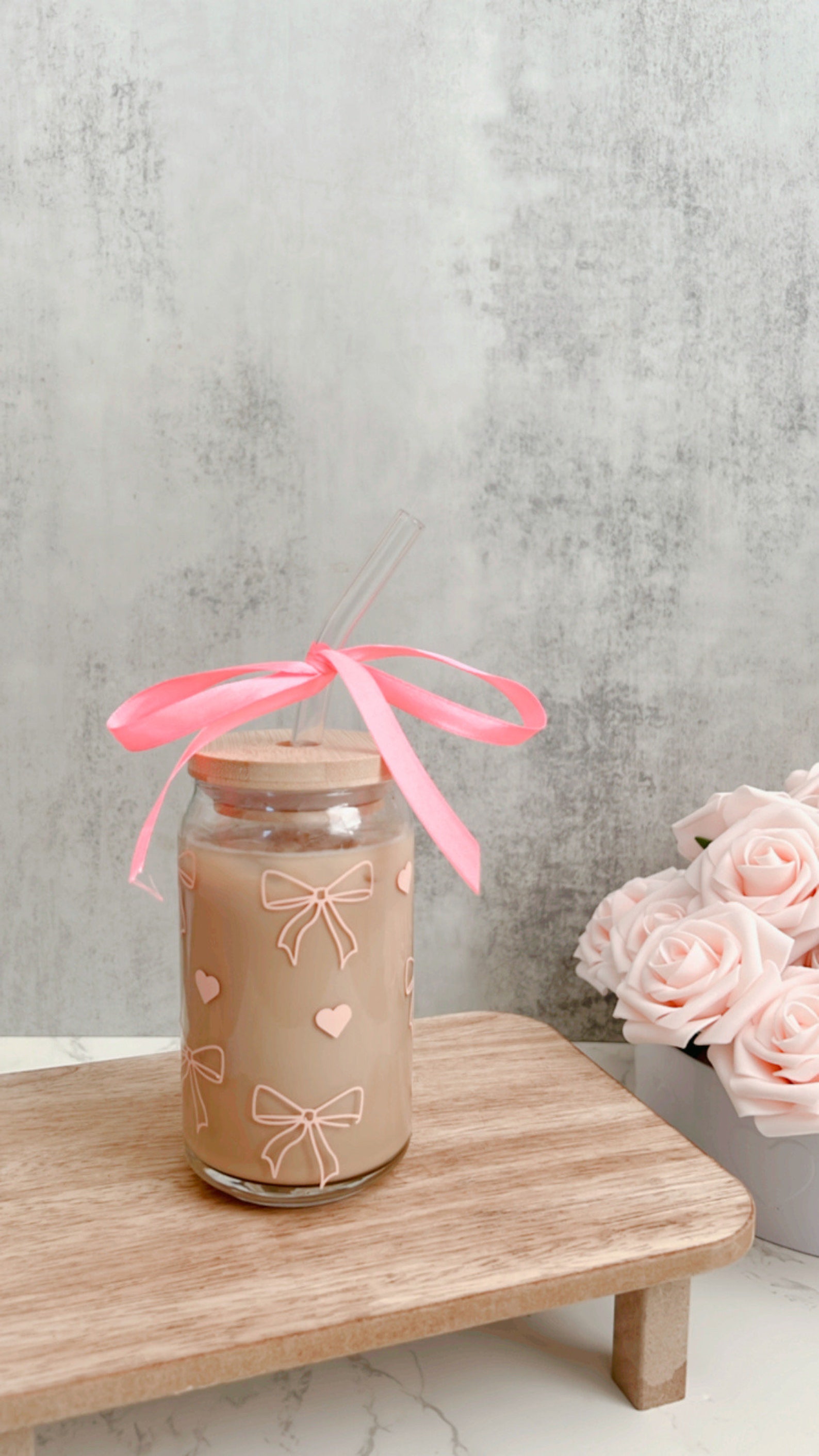 Pink Bow Glass Cup,coquette Iced Coffee Glass Cup,bow Glass Cup With ...