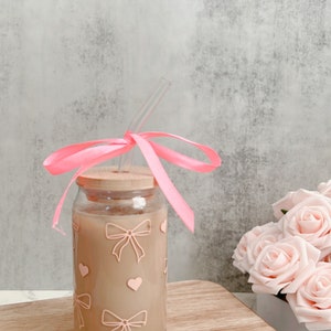 Pink Bow Glass Cup,coquette Iced Coffee Glass Cup,bow Glass Cup With ...