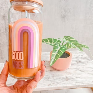 Good Vibes Beer Can Glass,Rainbow Soda Can Glass Cup Minimalistic Boho Rainbow Glass, Iced Coffee Glass cup,Iced Coffee Beer Can Glass Cup