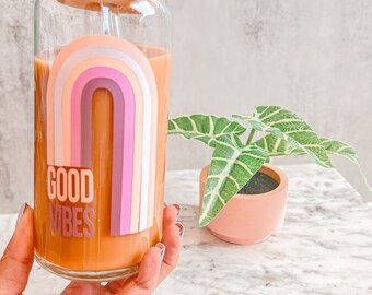 Good Vibes Beer Can Glass,Rainbow Soda Can Glass Cup Minimalistic Boho Rainbow Glass, Iced Coffee Glass cup,Iced Coffee Beer Can Glass Cup