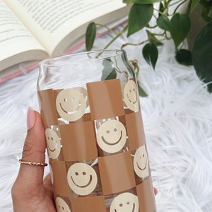Neutral Smile Glass Cup,Checkered Smiley Iced Coffee Glass Cup,Aesthetic Checkered Glass,Checkered Glass Cup,Coffee Glass Cup,Beer Can Glass