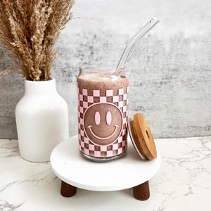 Smiley Face Beer Can Glass,Checkered Happy Face Glass Cu,Retro Iced Coffee Glass Cup,Groovy Coffee Glass,Smiley Face Coffee Cup,Smiley Glass