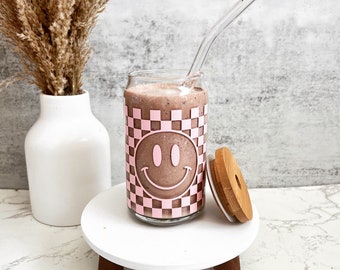 Smiley Face Beer Can Glass,Checkered Happy Face Glass Cu,Retro Iced Coffee Glass Cup,Groovy Coffee Glass,Smiley Face Coffee Cup,Smiley Glass