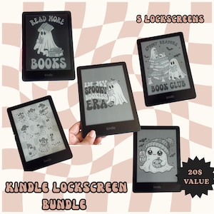May include: Five Kindle e-readers are shown, each with a different Halloween-themed lockscreen. The screens display ghost illustrations and text such as "Read More Books" and "Spooky Readers Book Club." The text "Kindle Lockscreen Bundle" is also visible.