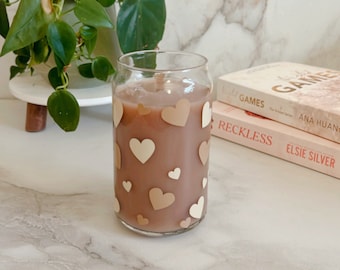 Neutral Floating Hearts Glass Cup|Aesthetic Hearts Glass Iced Coffee Cup|Libbey Glass Cup with lid and Straw|Trendy Gifts for her|Coffee Cup