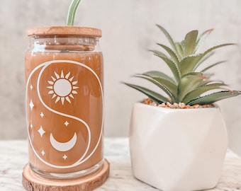 Sun Moon Yin Yang Beer Can Glass Cup,Celestial Iced Coffee Cup,Aesthetic Coffee Mug, Glass Cup for coffee, Libbey Soda Glass Lid and  Straw
