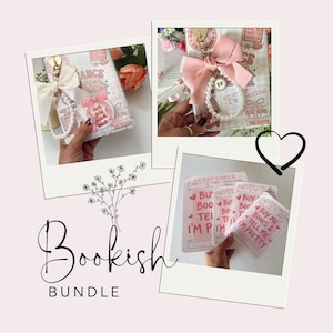 May include: A "Bookish Bundle" featuring a decorated book cover with a pink bow and pearl accents, a keychain, and pink guest check cards. The book cover has the text "hot girl book club". The guest check cards have the text "Buy me books & tell me I'm pretty".