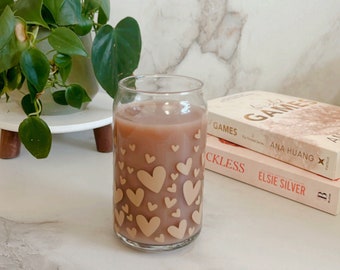 Neutral Floating Hearts Glass Cup| Retro Hearts Glass Iced Coffee Glass|Libbey Glass Cup with lid and Straw|Trendy Gifts for her|Coffee Cup