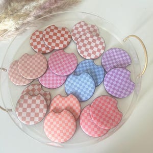Cute Girly Car Coasters Set of 2,Checkered Car Coasters,Cute Car Accessories,Trendy Cup Holder Coasters, Preppy Checker Neutral Car Coasters