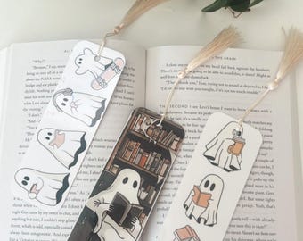 Griezelige schattige Halloween-spookleesbladwijzer met kwastje, schattig gelamineerd leesgrage cadeau, boekenclubgeest, boekenwurmcadeau, leesaccessoires