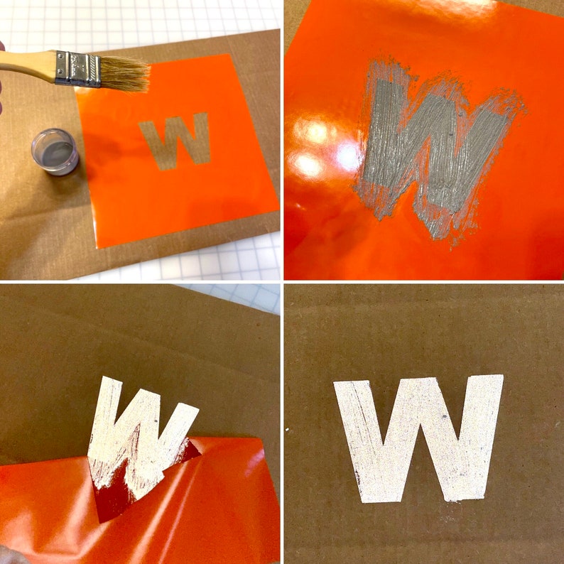 May include: A step-by-step guide on how to use a stencil to paint a letter "W" on a surface. The stencil is placed on an orange surface and the letter is painted with silver paint. The stencil is then removed to reveal the painted letter.
