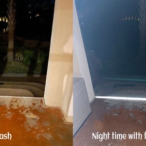 May include: A comparison of a glass door at night, once with no flash and once with a flash. The flash illuminates the glass, making it appear reflective. The text "Night time no flash" is below the first image, and the text "Night time with flash - reflecting" is below the second image.