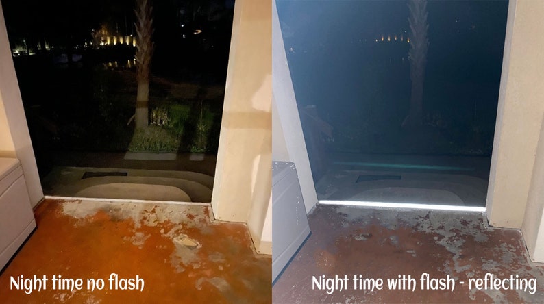 May include: A comparison of a glass door at night, once with no flash and once with a flash. The flash illuminates the glass, making it appear reflective. The text "Night time no flash" is below the first image, and the text "Night time with flash - reflecting" is below the second image.