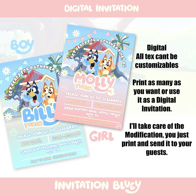 Bluey Invitation, Party Bluey, Boy and Girl, - Etsy