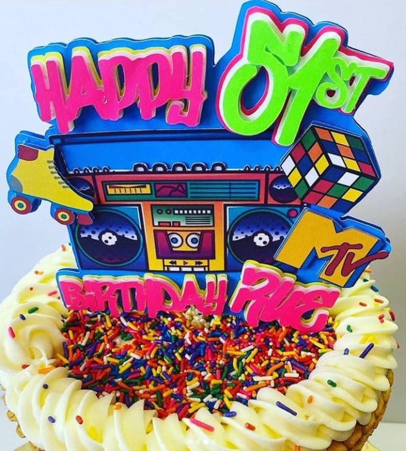 80s Rock & Roll Happy Birthday Cake Topper – Flash Card Decoration For Themed Parties