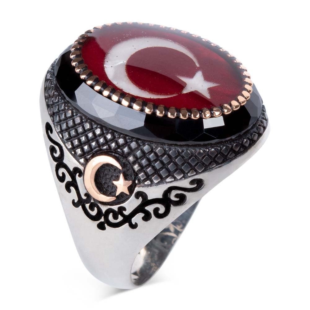 Turkish Men Ring Turkish Flag Moon Star Silver Men Ring Etsy