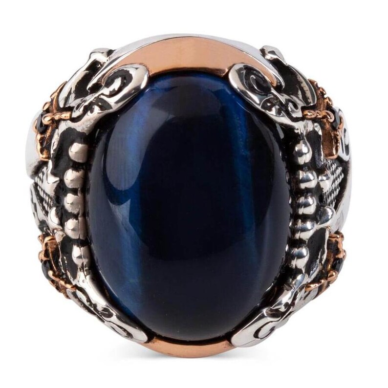 Antique Men Rings Cool Rings for Men Stone Vintage Ring Blue Tigers Eye Ring Sterling Silver Ring Unique Gifts for Men