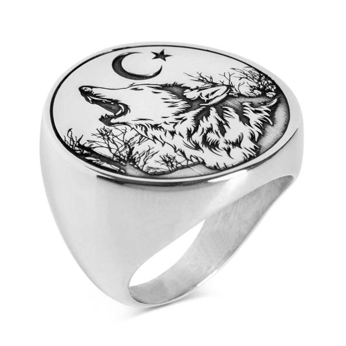 Round Wolf Model Silver Men Ring Moon Star Style Men Ring | Etsy