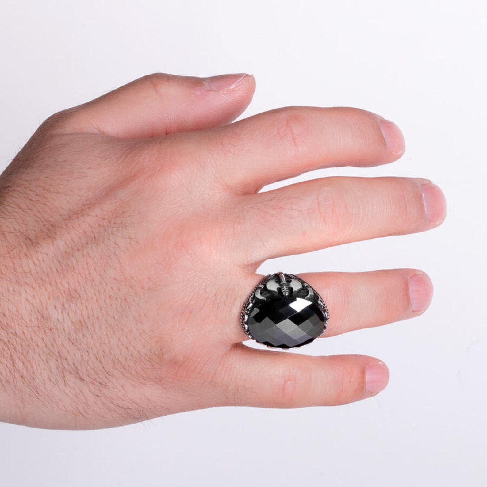 Faceted Oval Black Zircon Gemstone Ring Mens 925 Sterling Etsy