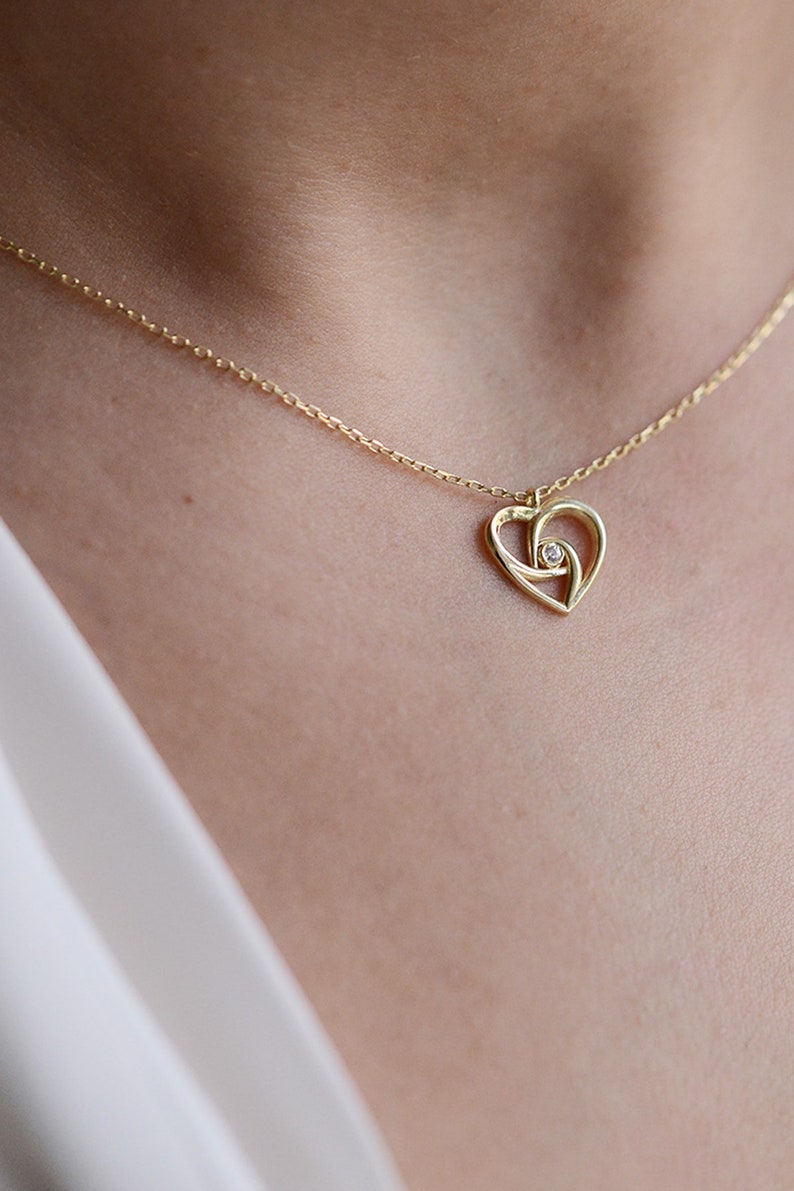 Love Pendant Silver Women Necklace Stone Necklace Silver Diamond Necklace 0.02Ct with Rose Plated Chain and Open Heart Pendant