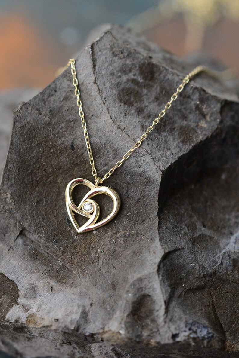 Love Pendant Silver Women Necklace Stone Necklace Silver Diamond Necklace 0.02Ct with Rose Plated Chain and Open Heart Pendant