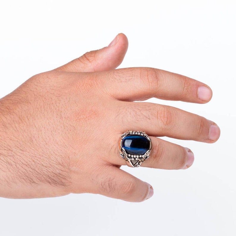 Antique Men Rings Cool Rings for Men Stone Vintage Ring Blue Tigers Eye Ring Sterling Silver Ring Unique Gifts for Men
