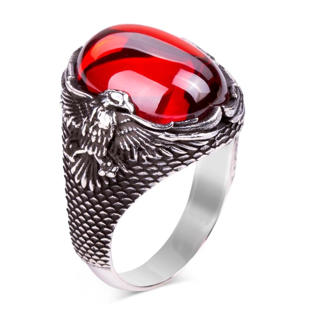 Mens Handmade Ring Red Stone Silver Mens Ring with Rising Etsy