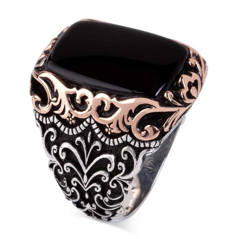 Detailed Men Ring Vintage Handmade Men Jewelery 925K Silver Anniversary Valentine Day Gifts Ornate Rectangle Black Onyx Gemstone Ring