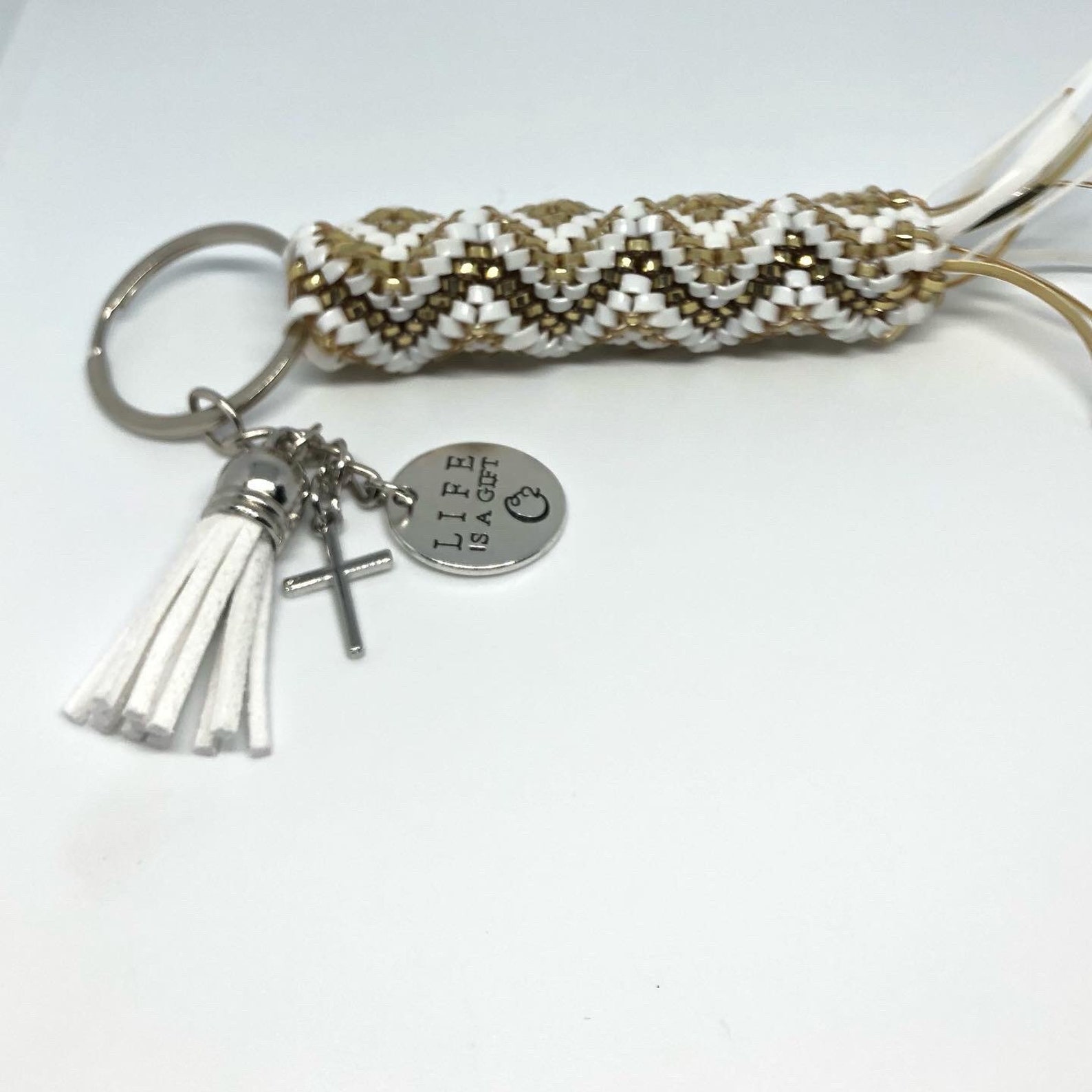 Gold and White Rexlace Keychain Gimp Keychain Boondoggle Etsy