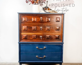 Midnight Blue MCM Dresser with Walnut Drawers - Vintage Elegance for Modern Living