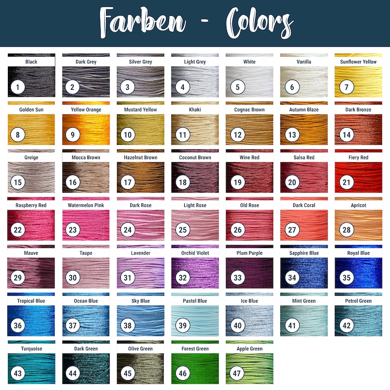 May include: A color chart with 47 different colors of thread, labeled with the color name and a number. The colors are arranged in rows and columns, and the chart is titled "Farben - Colors".