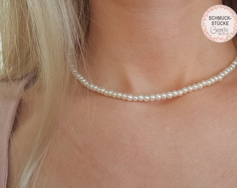 Perlenkette mit kleinen Perlen creme weiß, dünn, individuelle Größe wählbar