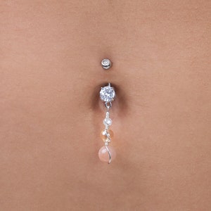 Peach Moonstone Belly Ring Crown Chakra Gemstone Divine Feminine Prong Set Surgical Steel 14g