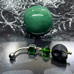 Halloween Green Black Skull Stone Belly Button Ring Surgical Steel Dangle 14g