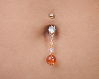 Piercing para el ombligo con colgante de cornalina: Cristal atardecer, 14 g, joyería para el chakra sacro.