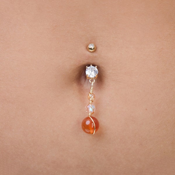 Carnelian Sunset Crystal Belly Ring Pink Orange Peach Red Sacral Chakra Prong Set Dangle 14g