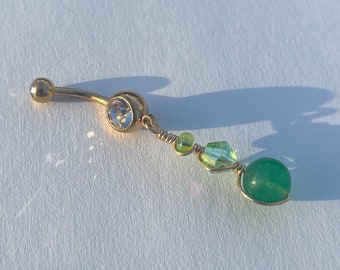 Aventurine Gemstone Orb Green Crystal Belly Ring Dangle Navel Piercing Surgical Steel 14g