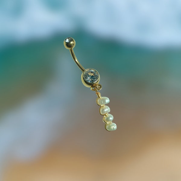Freshwater Pearl Belly Ring Handmade Gold IP Surgical Steel 14g