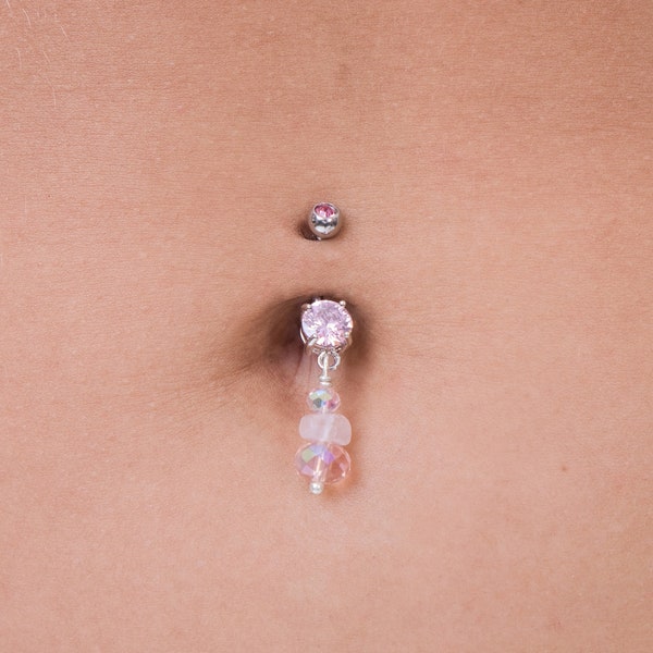 Rose Quartz Belly Button Ring Valentine Jewelry Surgical Steel Dangle 14g