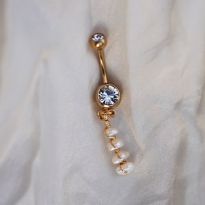 Freshwater Pearl Belly Ring Handmade Gold IP Surgical Steel 14g