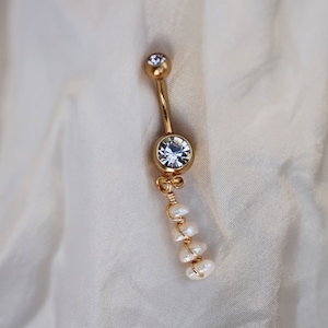 Freshwater Pearl Belly Ring Handmade Gold IP Surgical Steel 14g