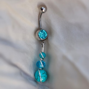 Handmade Teal Howlite Gemstone Dangle Belly Ring Surgical Steel 14g