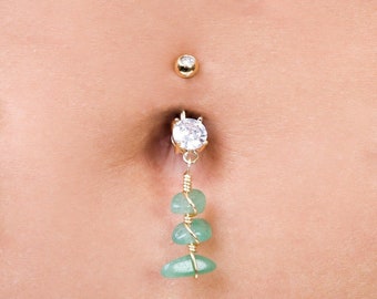 Aventurine Wire Wrapped Belly Button Ring Heart Chakra Surgical Steel Dangle 14g