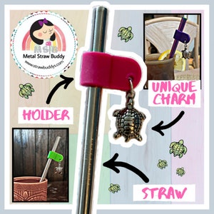 Sea Turtle Metal Charm (100% Plastic Free) *with Steel Straw* and Silicon Charm Holder Set -- Eco-Friendly to Oceans, Reusable