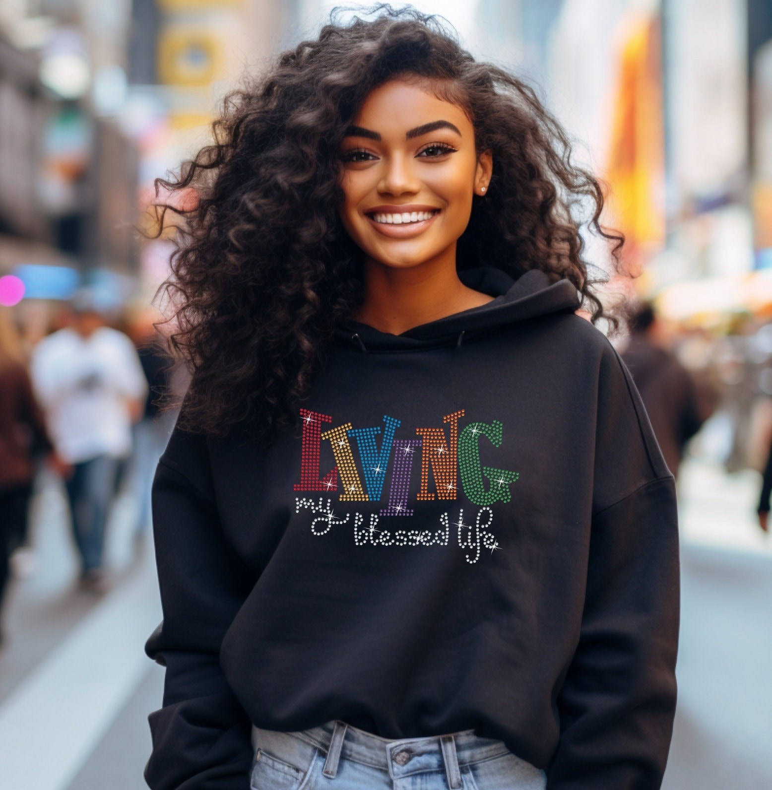 Rhinestone Hoodie Living My Blessed Life Women Faith Gift