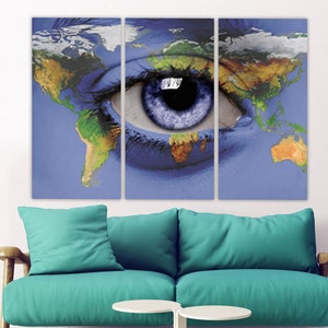 Blue Eye schilderij wereldkaart kunst aan de muur huis muur decor canvas schilderij extra grote muur kunst wereldkaart van de wereld muur kunst